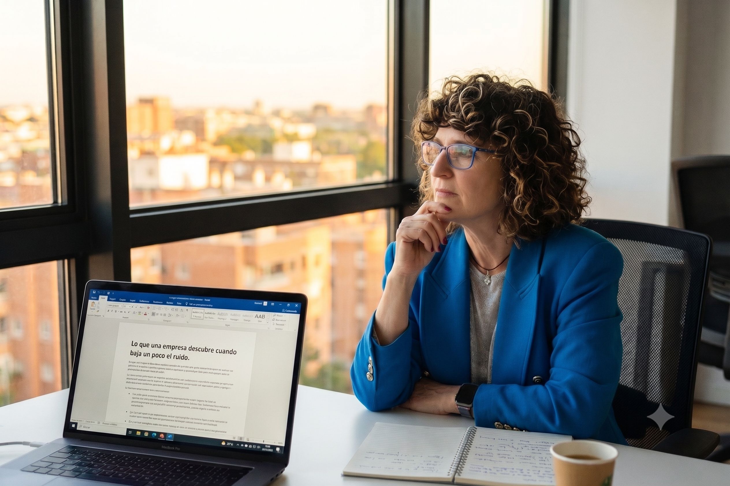 Mujer revisando la gestión empresarial en verano desde una oficina, con ordenador portátil y actitud reflexiva